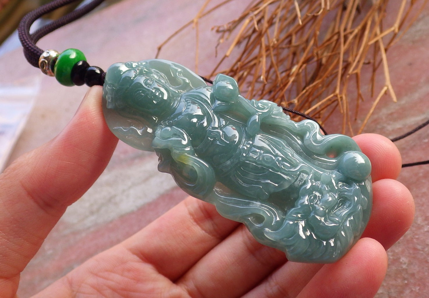 Certified Hand Carved Green Myanmar Burma Natural A Jade jadeite Dragon Bead Guanyin Kwan Yin Pendant Necklace