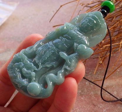 Certified Hand Carved Green Myanmar Burma Natural A Jade jadeite Dragon Bead Guanyin Kwan Yin Pendant Necklace