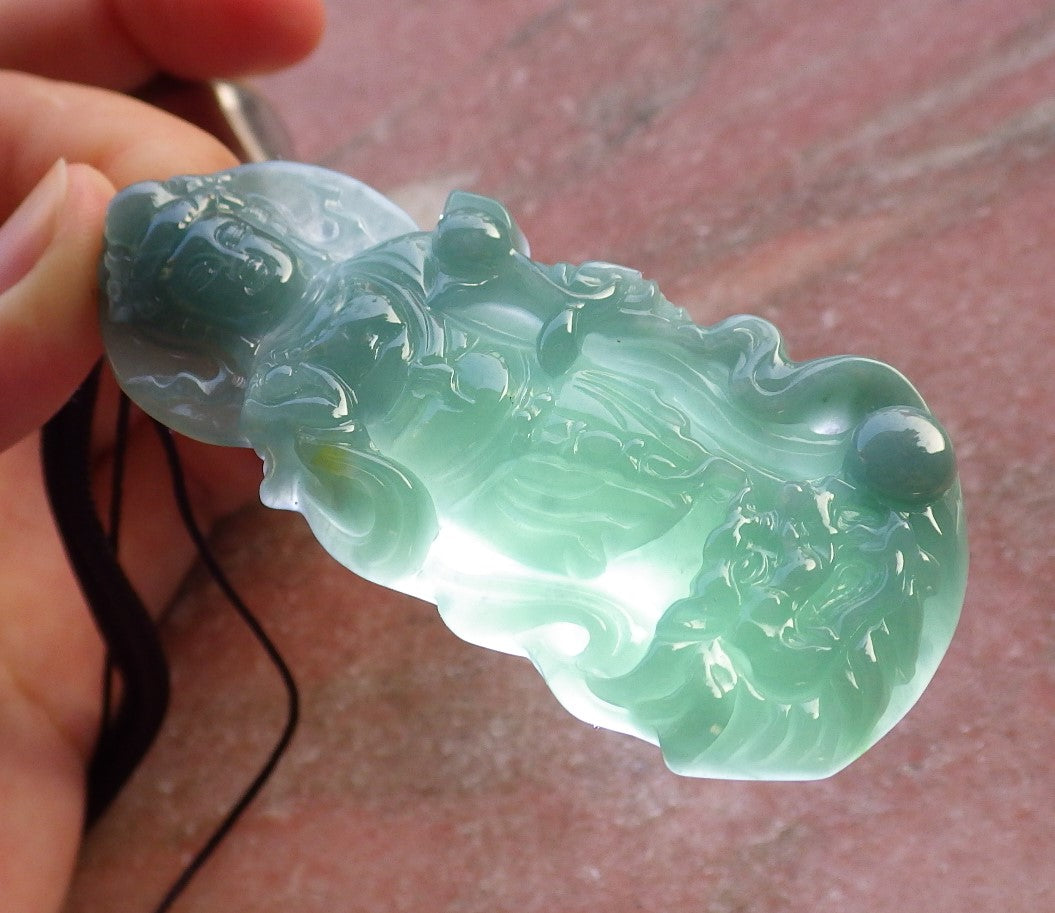 Certified Hand Carved Green Myanmar Burma Natural A Jade jadeite Dragon Bead Guanyin Kwan Yin Pendant Necklace