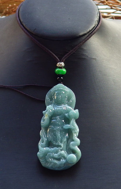 Certified Hand Carved Green Myanmar Burma Natural A Jade jadeite Dragon Bead Guanyin Kwan Yin Pendant Necklace