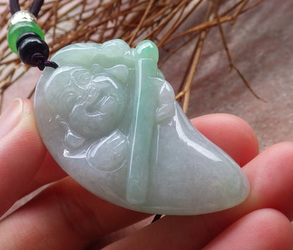 Certified Hand Carved Green Natural Myanmar Burma A Jade jadeite Happy Buddha God Bat Pendant Necklace