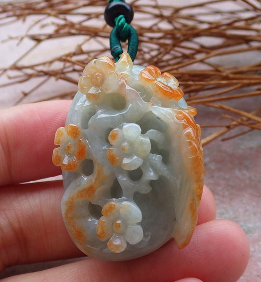 Certified Hand Carved Yellow Natural Myanmar Burma Grade A Jade jadeite Phoenix Bird Flower Pendant Necklace