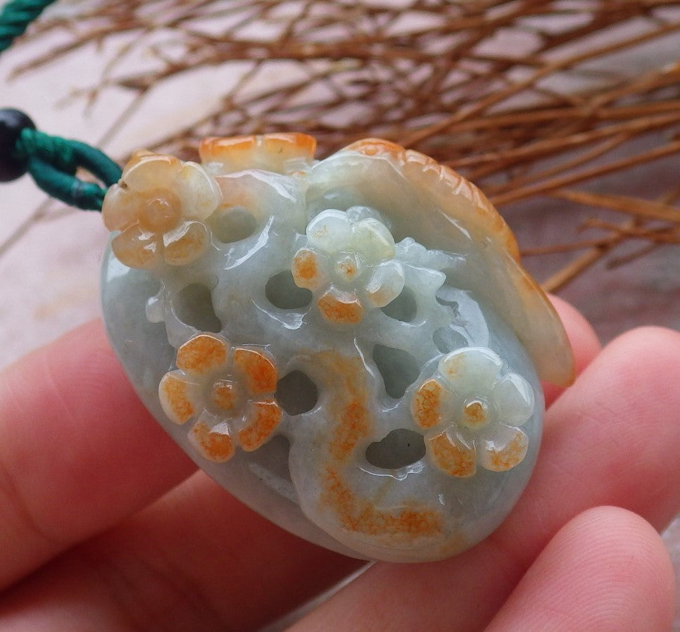 Certified Hand Carved Yellow Natural Myanmar Burma Grade A Jade jadeite Phoenix Bird Flower Pendant Necklace