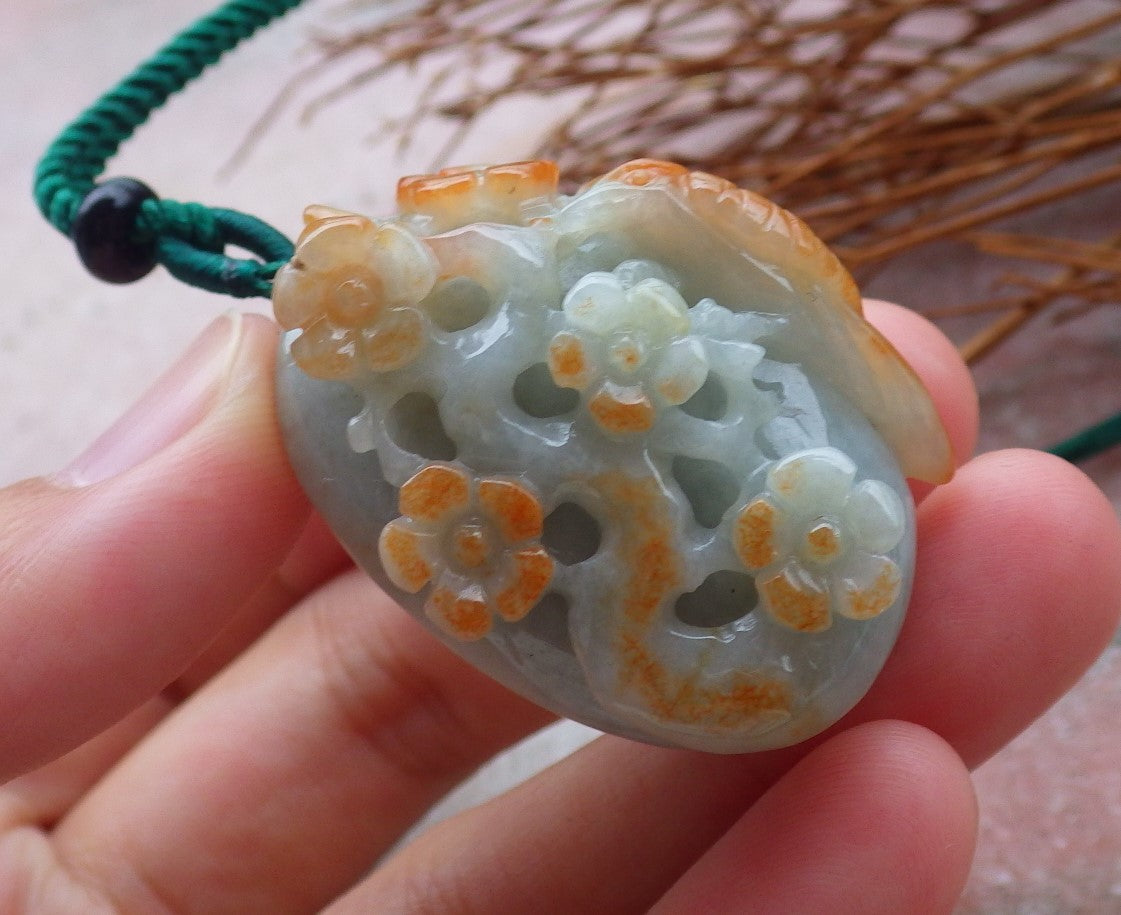 Certified Hand Carved Yellow Natural Myanmar Burma Grade A Jade jadeite Phoenix Bird Flower Pendant Necklace