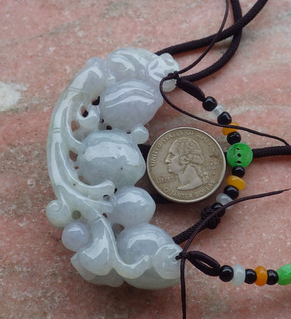 Certified Hand Carved Lavender Green Natural Myanmar Burma A Jade jadeite Monkey Peach Pendant Necklace