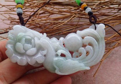 Certified Hand Carved Green Natural Myanmar Burma Grade A Jade jadeite Phoenix Lotus Flower Pendant Necklace