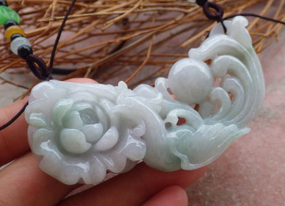 Certified Hand Carved Green Natural Myanmar Burma Grade A Jade jadeite Phoenix Lotus Flower Pendant Necklace