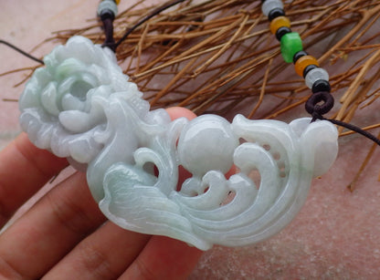 Certified Hand Carved Green Natural Myanmar Burma Grade A Jade jadeite Phoenix Lotus Flower Pendant Necklace