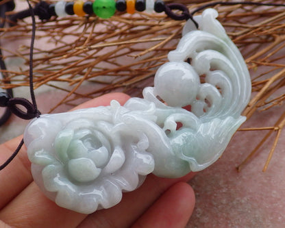 Certified Hand Carved Green Natural Myanmar Burma Grade A Jade jadeite Phoenix Lotus Flower Pendant Necklace