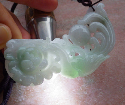 Certified Hand Carved Green Natural Myanmar Burma Grade A Jade jadeite Phoenix Lotus Flower Pendant Necklace