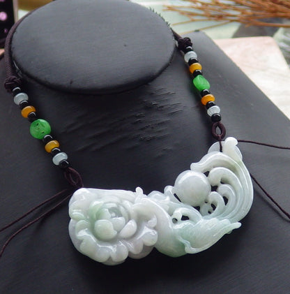 Certified Hand Carved Green Natural Myanmar Burma Grade A Jade jadeite Phoenix Lotus Flower Pendant Necklace