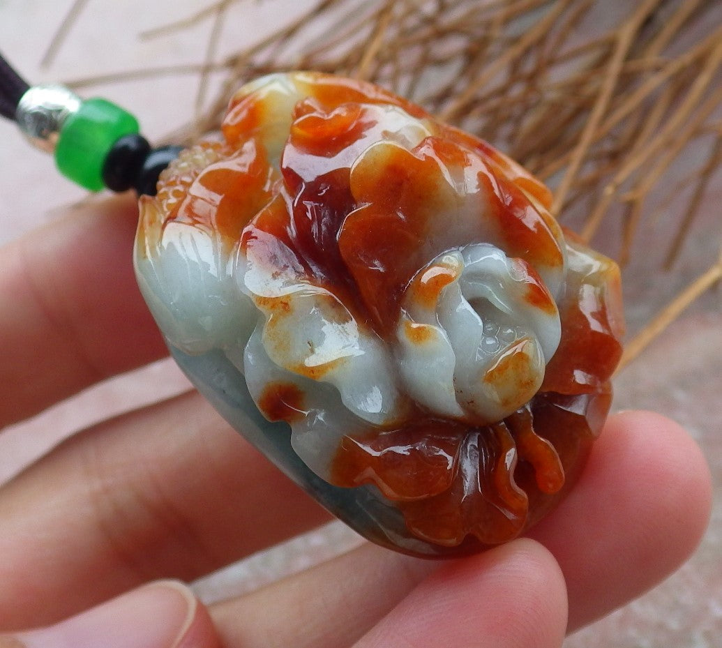 Certified Hand Carved Red Green Natural Myanmar Burma Grade A Jade jadeite Phoenix Bird Flower Pendant Necklace