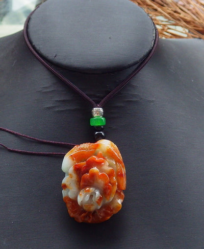 Certified Hand Carved Red Green Natural Myanmar Burma Grade A Jade jadeite Phoenix Bird Flower Pendant Necklace