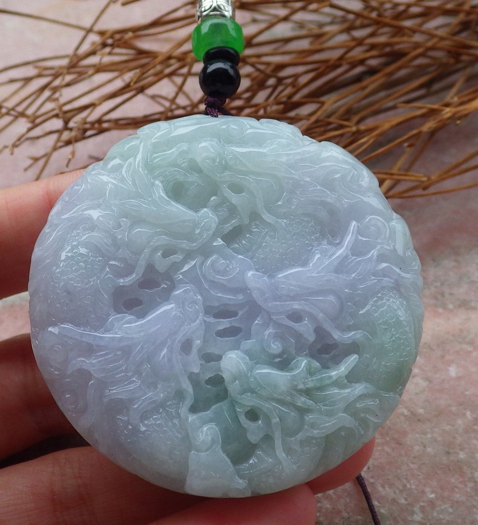 Certified Hand Carved Lavender Green Myanmar Burma Natural A Jade jadeite 9 Dragon Spit Bead Circle Pendant Necklace