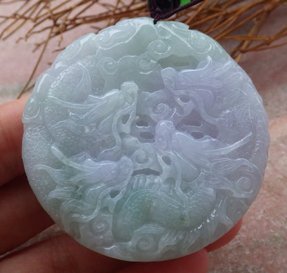 Certified Hand Carved Lavender Green Myanmar Burma Natural A Jade jadeite 9 Dragon Spit Bead Circle Pendant Necklace