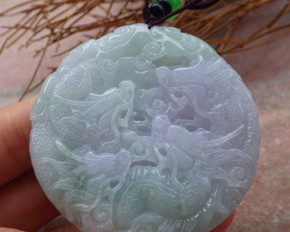 Certified Hand Carved Lavender Green Myanmar Burma Natural A Jade jadeite 9 Dragon Spit Bead Circle Pendant Necklace