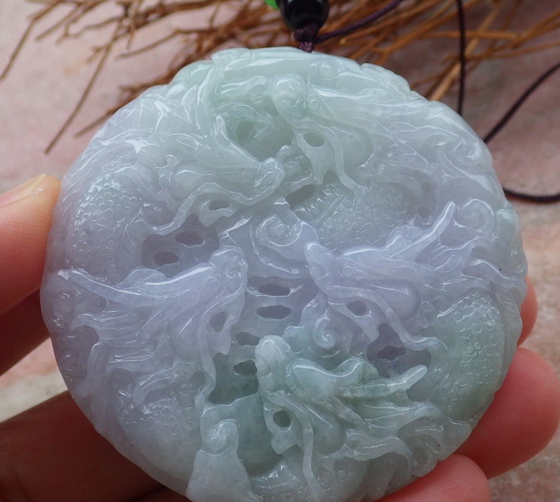 Certified Hand Carved Lavender Green Myanmar Burma Natural A Jade jadeite 9 Dragon Spit Bead Circle Pendant Necklace