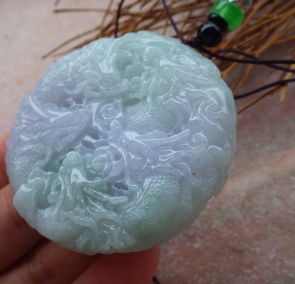 Certified Hand Carved Lavender Green Myanmar Burma Natural A Jade jadeite 9 Dragon Spit Bead Circle Pendant Necklace