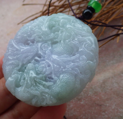 Certified Hand Carved Lavender Green Myanmar Burma Natural A Jade jadeite 9 Dragon Spit Bead Circle Pendant Necklace