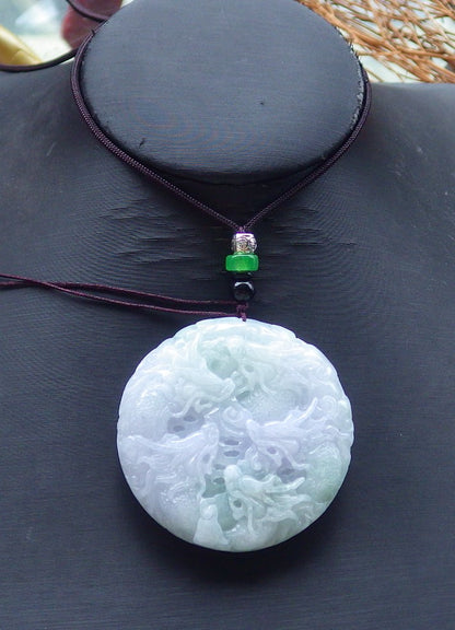 Certified Hand Carved Lavender Green Myanmar Burma Natural A Jade jadeite 9 Dragon Spit Bead Circle Pendant Necklace