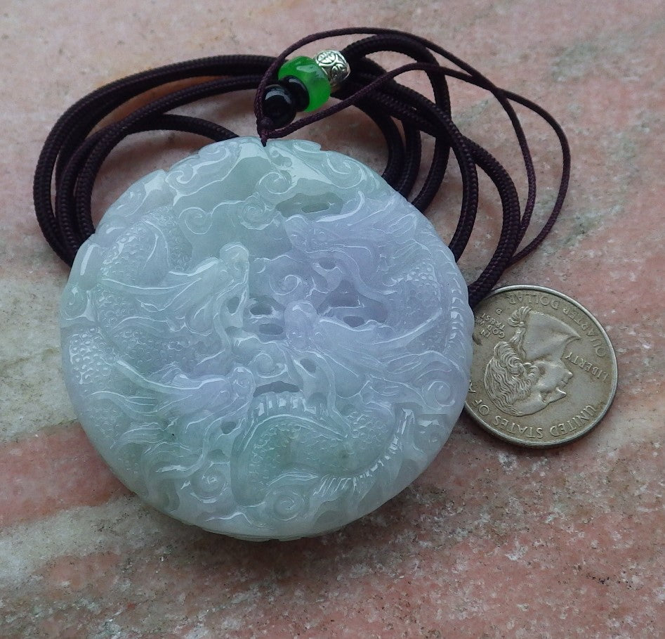 Certified Hand Carved Lavender Green Myanmar Burma Natural A Jade jadeite 9 Dragon Spit Bead Circle Pendant Necklace