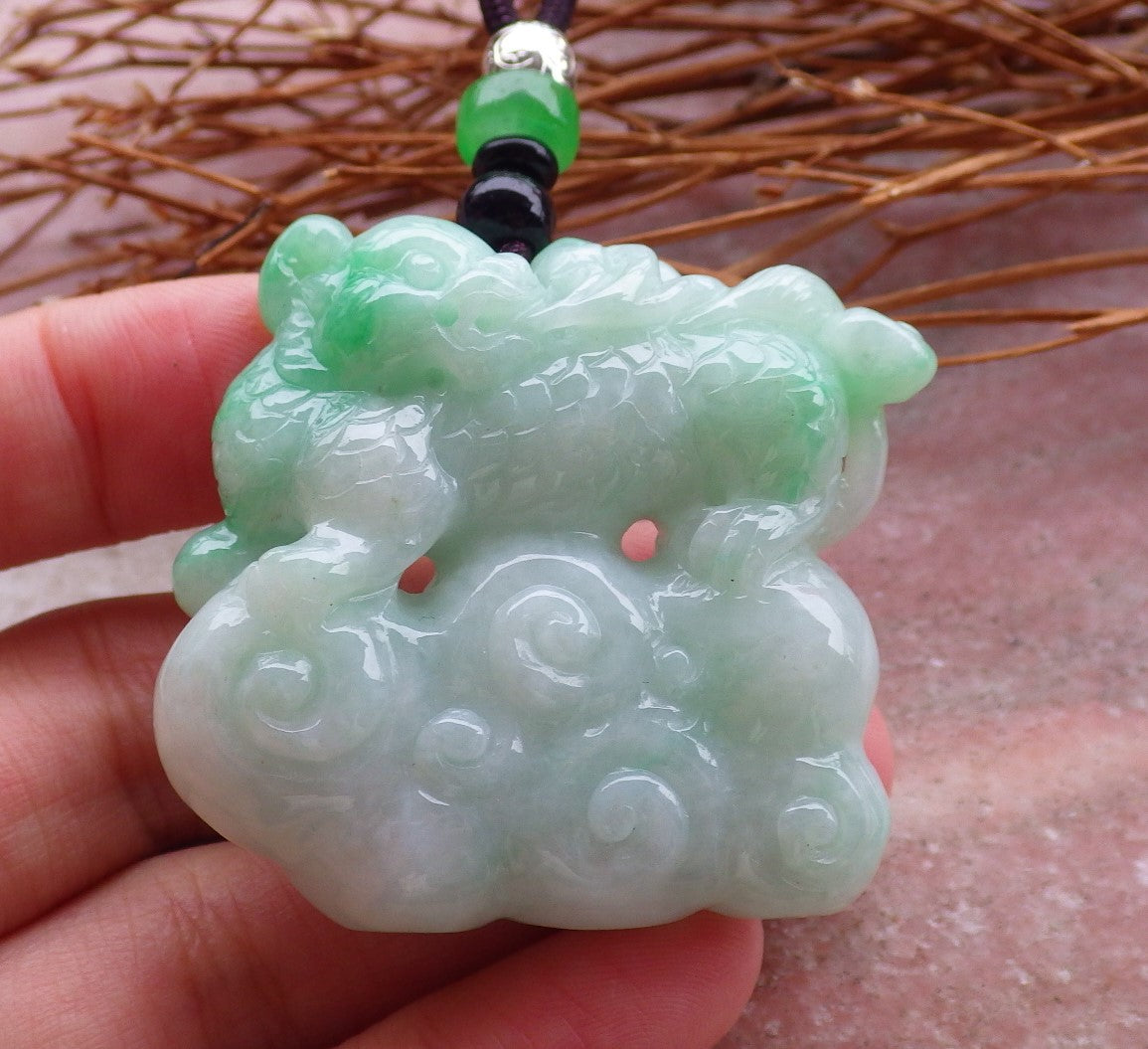 Certified Hand Carved Green Natural Myanmar Burma A Jade Jadeite Dragon Ruyi Pendant Necklace