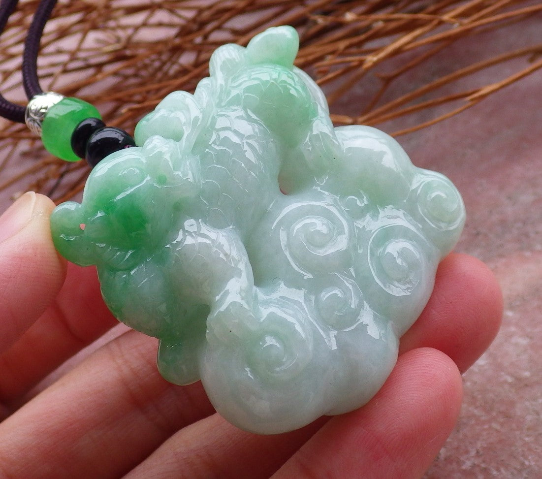 Certified Hand Carved Green Natural Myanmar Burma A Jade Jadeite Dragon Ruyi Pendant Necklace