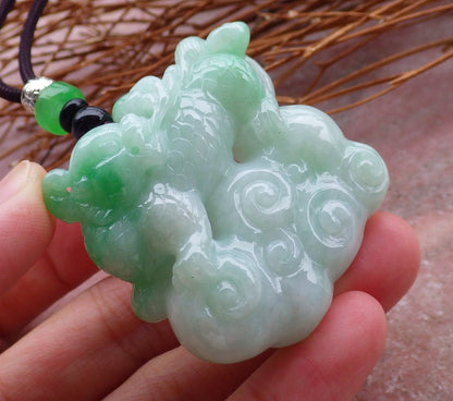 Certified Hand Carved Green Natural Myanmar Burma A Jade Jadeite Dragon Ruyi Pendant Necklace