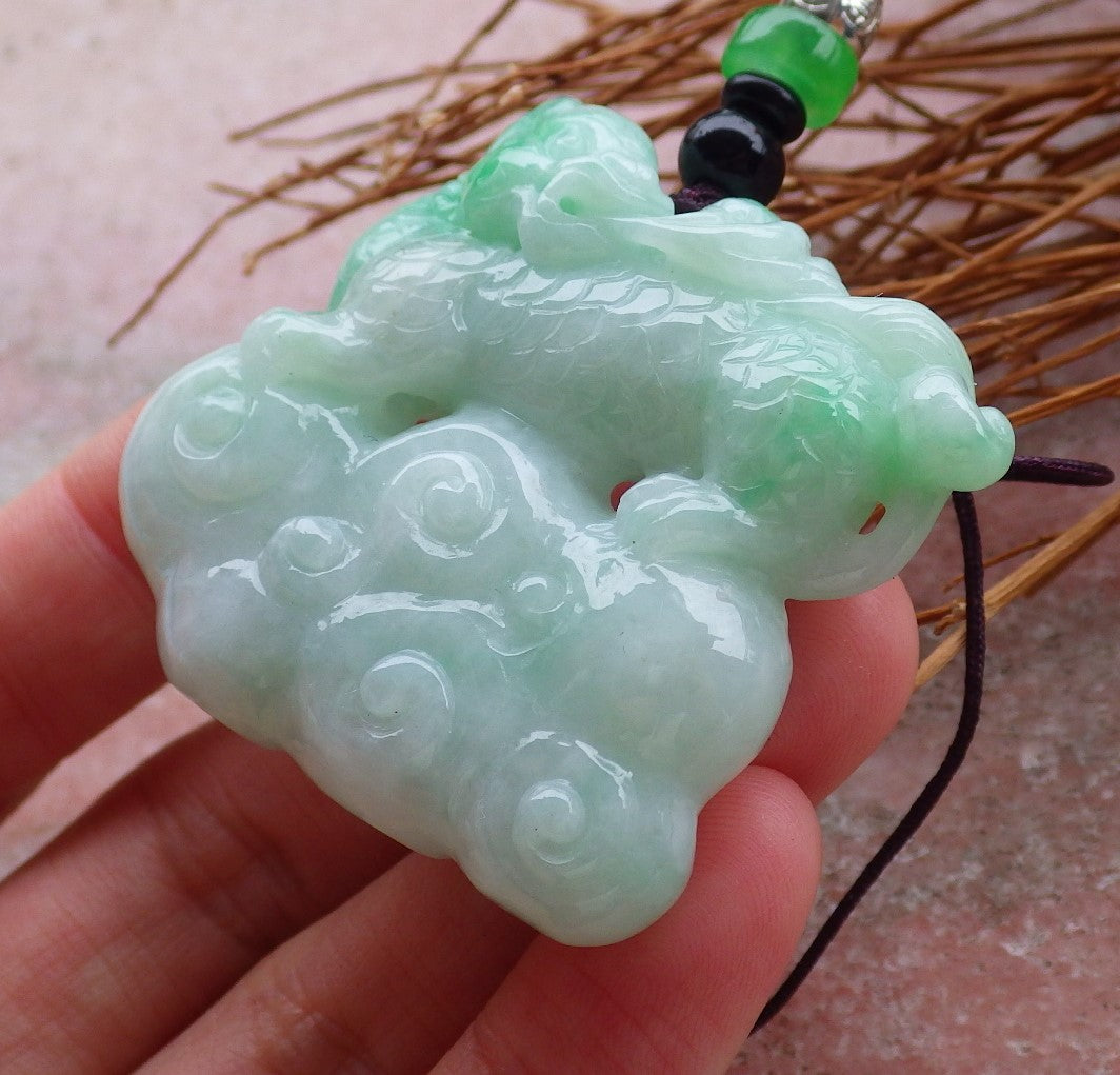 Certified Hand Carved Green Natural Myanmar Burma A Jade Jadeite Dragon Ruyi Pendant Necklace