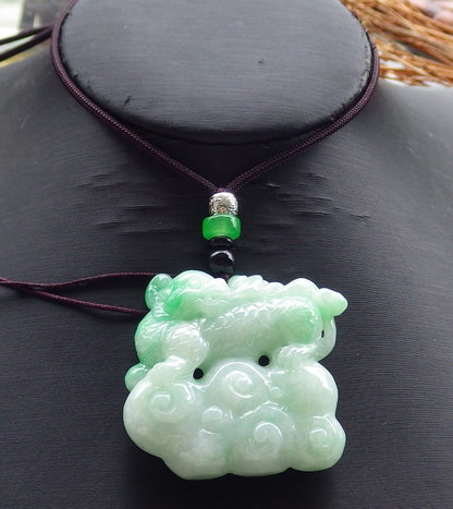 Certified Hand Carved Green Natural Myanmar Burma A Jade Jadeite Dragon Ruyi Pendant Necklace