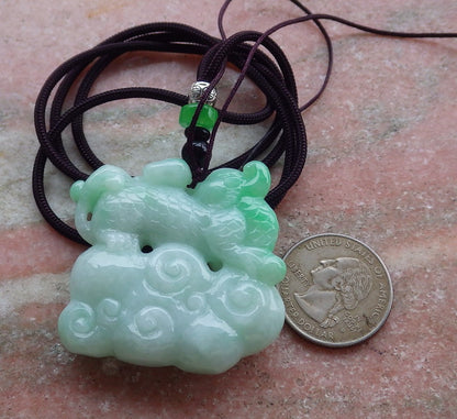 Certified Hand Carved Green Natural Myanmar Burma A Jade Jadeite Dragon Ruyi Pendant Necklace