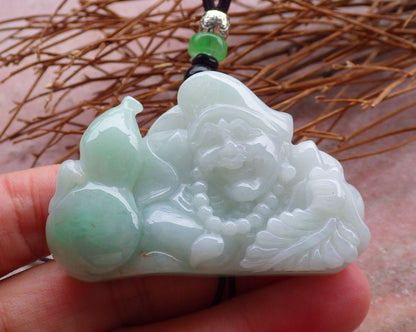 Certified Hand Carved Green Natural Myanmar Burma Grade A Jade jadeite Ji Kung Buddha God Pendant Necklace