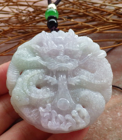 Certified Hand Carved Green Lavender Natural Myanmar Burma A Jade Jadeite Dragon Pendant Necklace