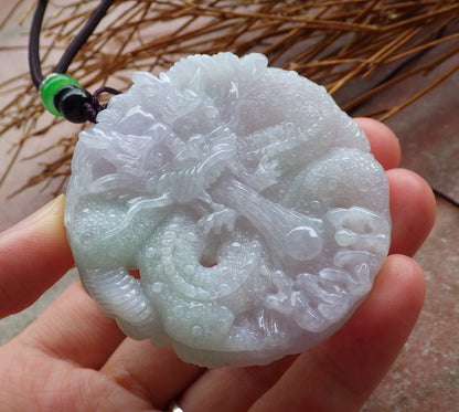 Certified Hand Carved Green Lavender Natural Myanmar Burma A Jade Jadeite Dragon Pendant Necklace