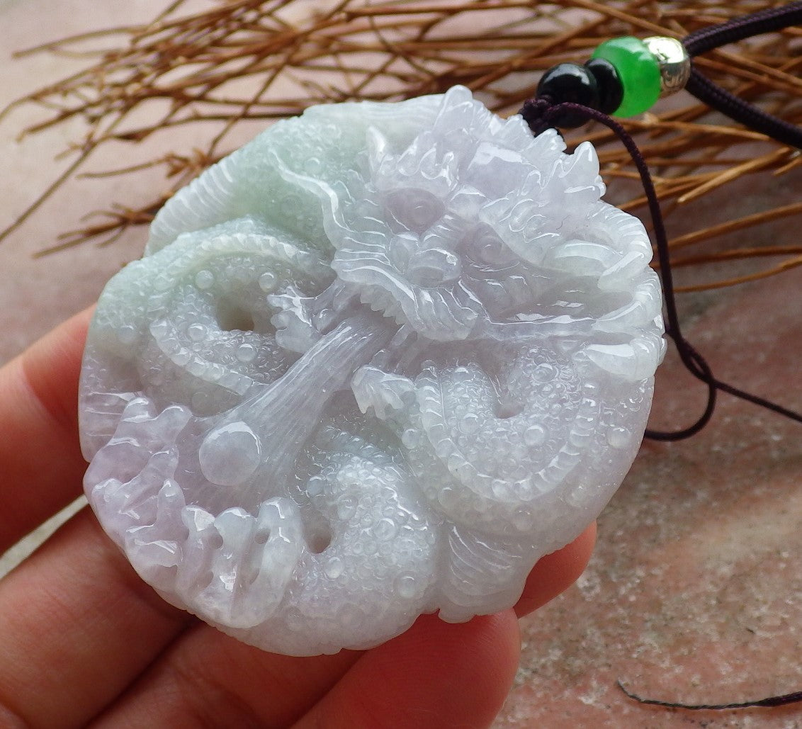 Certified Hand Carved Green Lavender Natural Myanmar Burma A Jade Jadeite Dragon Pendant Necklace