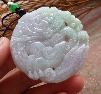 Certified Hand Carved Green Lavender Natural Myanmar Burma A Jade Jadeite Dragon Pendant Necklace