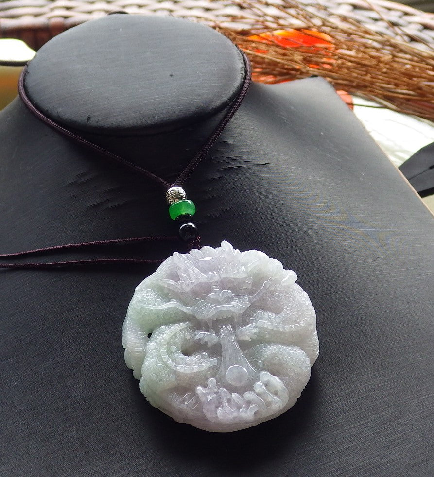 Certified Hand Carved Green Lavender Natural Myanmar Burma A Jade Jadeite Dragon Pendant Necklace