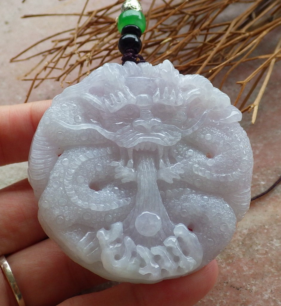 Certified Hand Carved Green Lavender Natural Myanmar Burma A Jade Jadeite Dragon Pendant Necklace