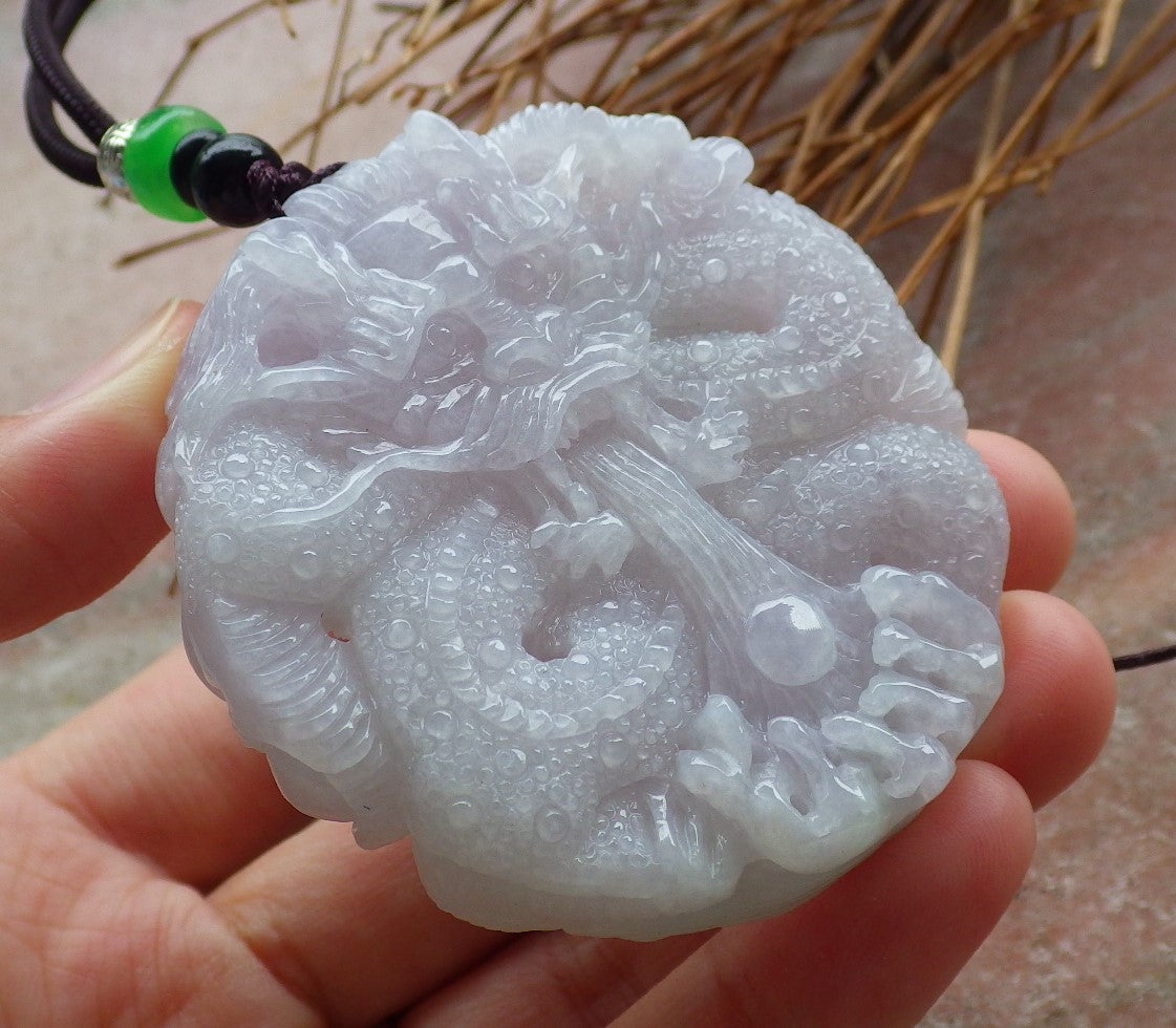 Certified Hand Carved Green Lavender Natural Myanmar Burma A Jade Jadeite Dragon Pendant Necklace