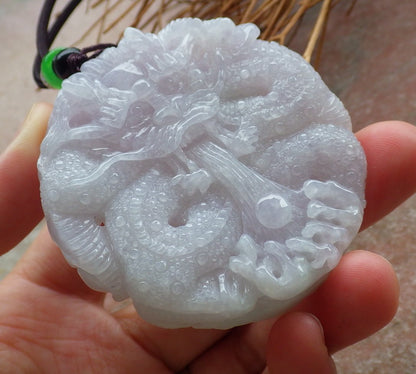 Certified Hand Carved Green Lavender Natural Myanmar Burma A Jade Jadeite Dragon Pendant Necklace