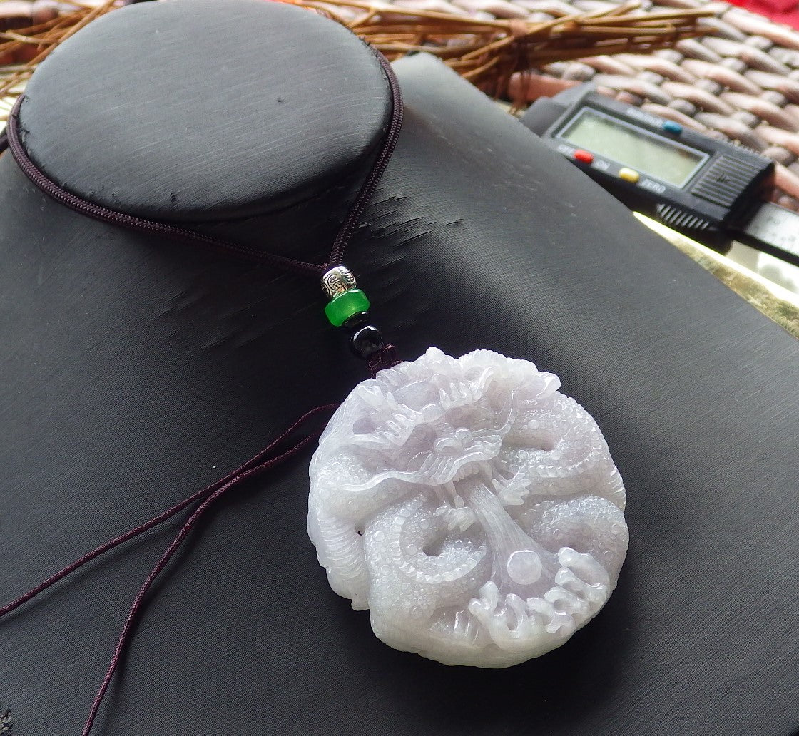 Certified Hand Carved Green Lavender Natural Myanmar Burma A Jade Jadeite Dragon Pendant Necklace