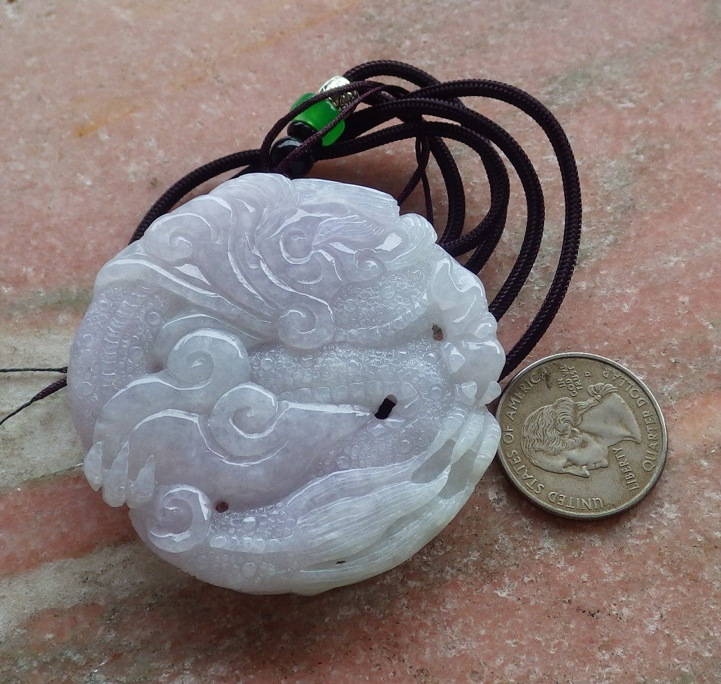 Certified Hand Carved Green Lavender Natural Myanmar Burma A Jade Jadeite Dragon Pendant Necklace