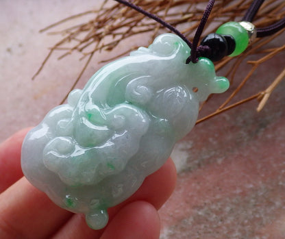 Certified Hand Carved Green Natural Myanmar Burma A Jade Lotus Flower Ruyi Pendant Necklace