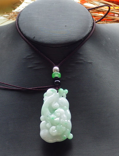 Certified Hand Carved Green Natural Myanmar Burma A Jade Lotus Flower Ruyi Pendant Necklace