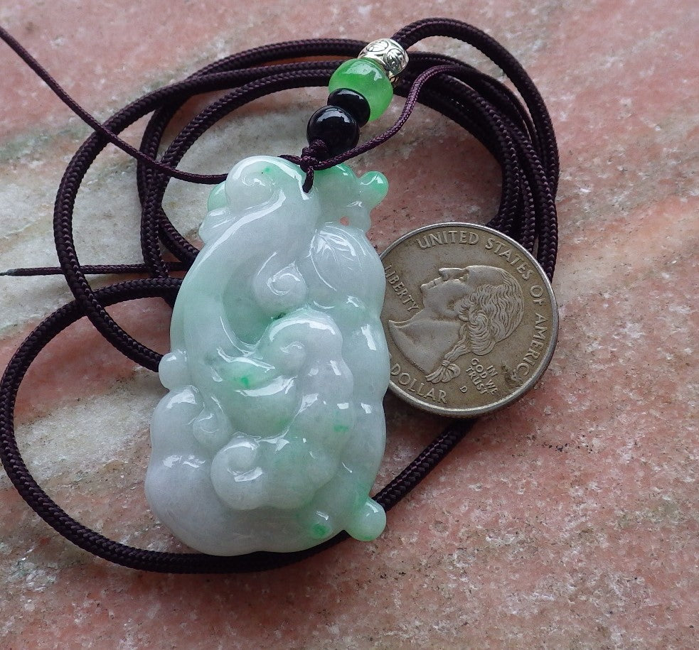 Certified Hand Carved Green Natural Myanmar Burma A Jade Lotus Flower Ruyi Pendant Necklace