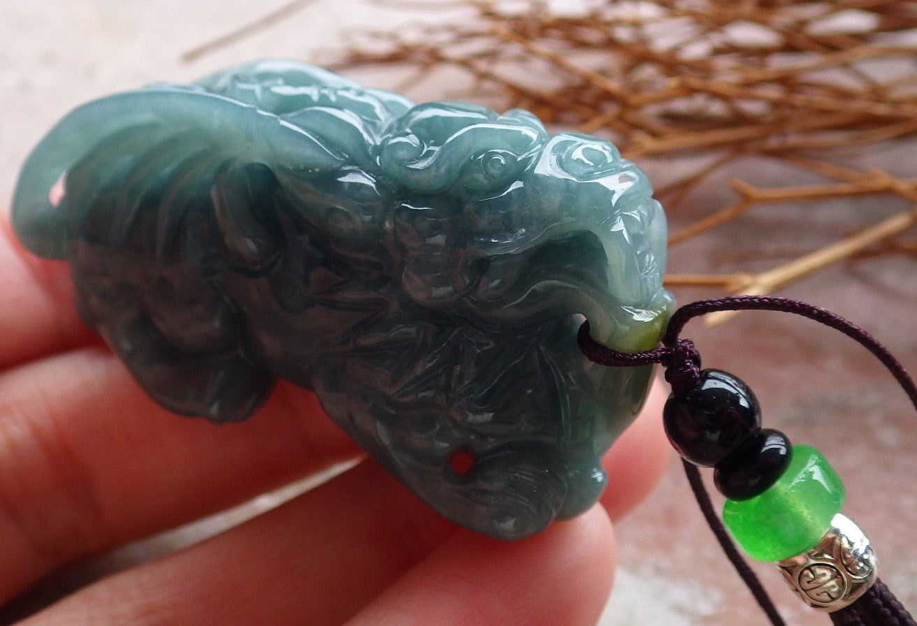 Certified Hand Carved Natural Green Myanmar Burma A Jade jadeite Flying Dragon Pi Xiu Pendant Necklace