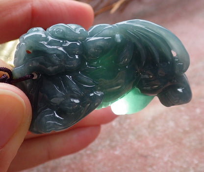 Certified Hand Carved Natural Green Myanmar Burma A Jade jadeite Flying Dragon Pi Xiu Pendant Necklace