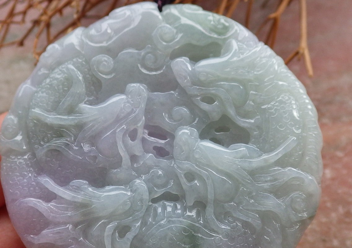 Certified Hand Carved Lavender Natural Myanmar Burma A Jade Jadeite 9 Dragon Spit Bead Circle Pendant Necklace