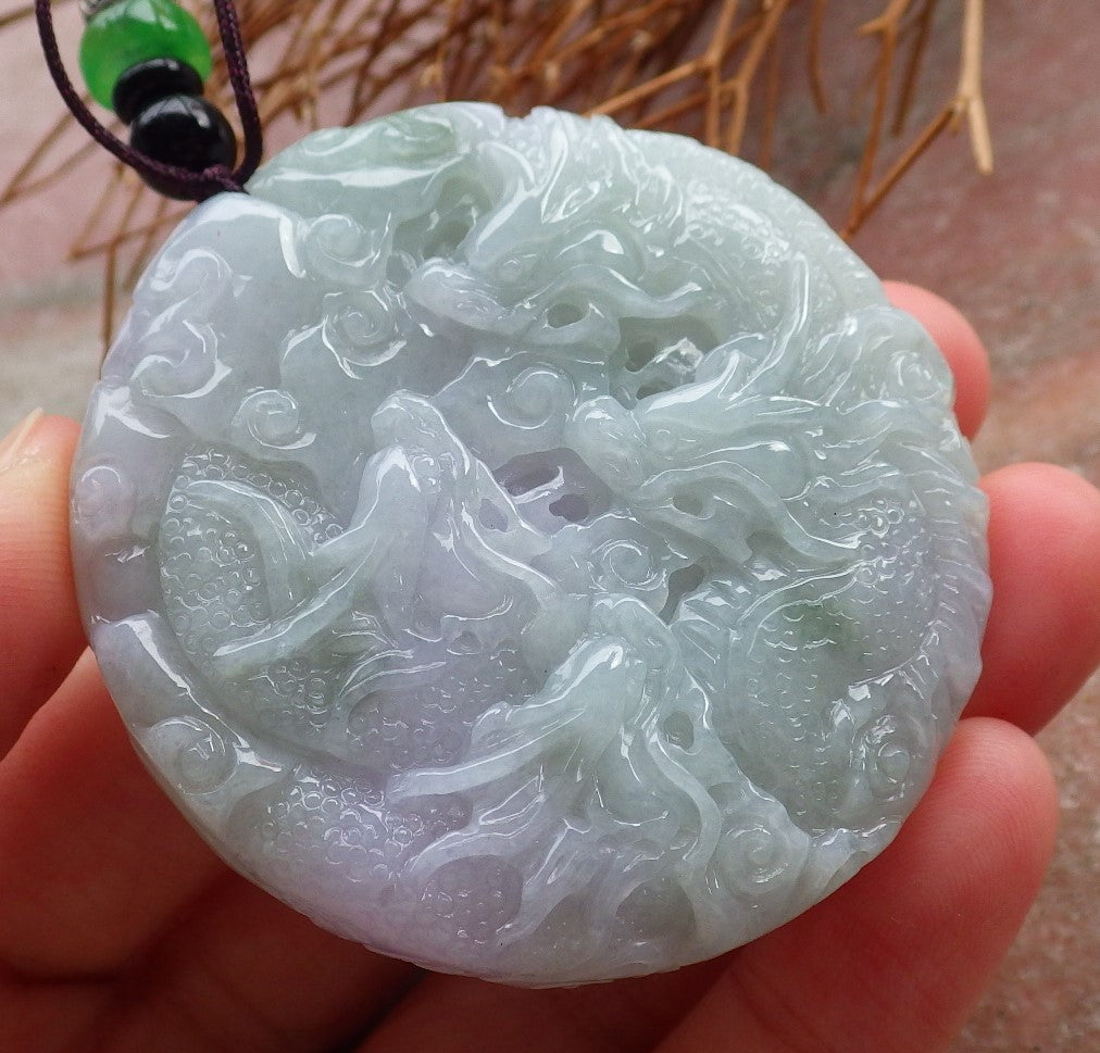 Certified Hand Carved Lavender Natural Myanmar Burma A Jade Jadeite 9 Dragon Spit Bead Circle Pendant Necklace