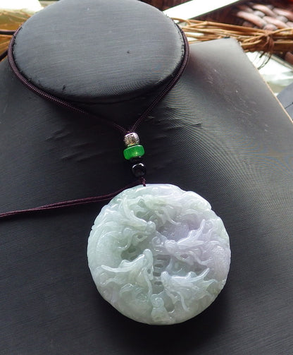 Certified Hand Carved Lavender Natural Myanmar Burma A Jade Jadeite 9 Dragon Spit Bead Circle Pendant Necklace